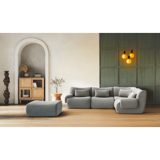 Sofá de canto modular de 4 lugares com chaise longue, tecido bouclé na cor cinza nuvem