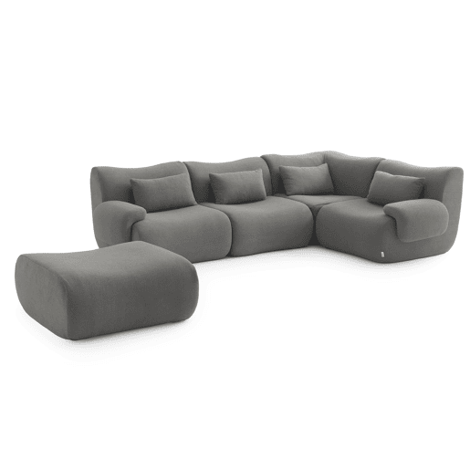 Sofá de canto modular de 4 lugares com chaise longue, tecido bouclé na cor cinza nuvem