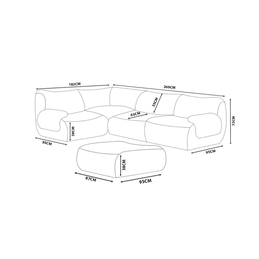 Sofá de canto modular de 4 lugares com chaise longue, tecido bouclé na cor cinza nuvem