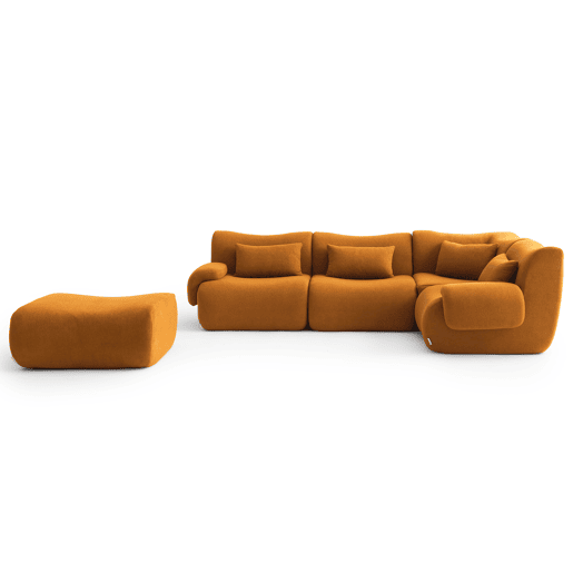 Sofá de canto modular de 4 lugares com chaise longue, tecido bouclé na cor marrom canela