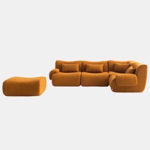 Sofá de canto modular de 4 lugares com chaise longue, tecido bouclé na cor marrom canela