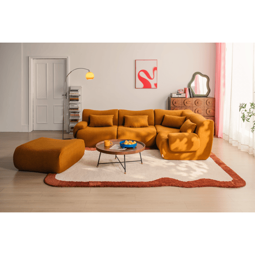 Sofá de canto modular de 4 lugares com chaise longue, tecido bouclé na cor marrom canela