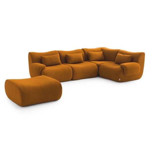 Sofá de canto modular de 4 lugares com chaise longue, tecido bouclé na cor marrom canela