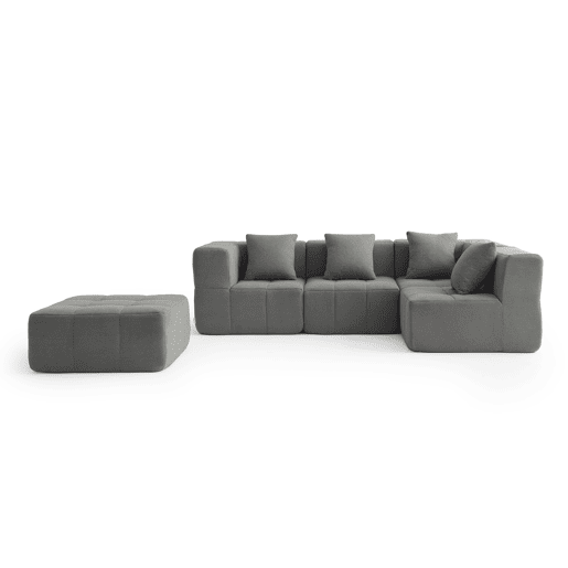 Sofá de canto modular de 4 lugares com chaise longue, tecido bouclé na cor cinza nuvem