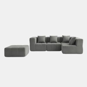 Sofá de canto modular de 4 lugares com chaise longue, tecido bouclé na cor cinza nuvem