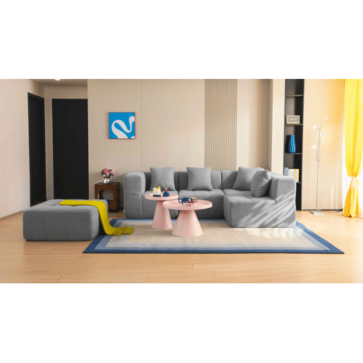 Sofá de canto modular de 4 lugares com chaise longue, tecido bouclé na cor cinza nuvem
