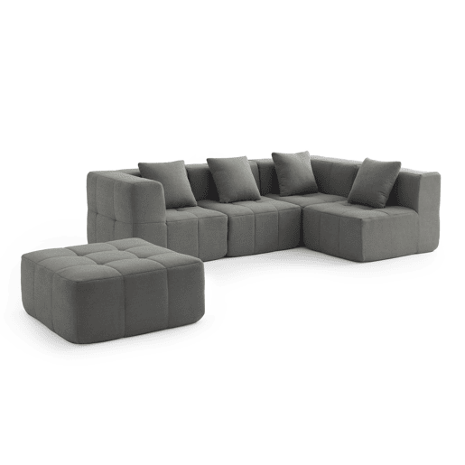 Sofá de canto modular de 4 lugares com chaise longue, tecido bouclé na cor cinza nuvem