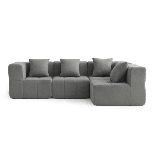 Sofá de canto modular de 4 lugares com chaise longue, tecido bouclé na cor cinza nuvem