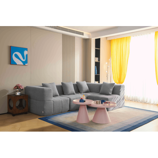 Sofá de canto modular de 4 lugares com chaise longue, tecido bouclé na cor cinza nuvem