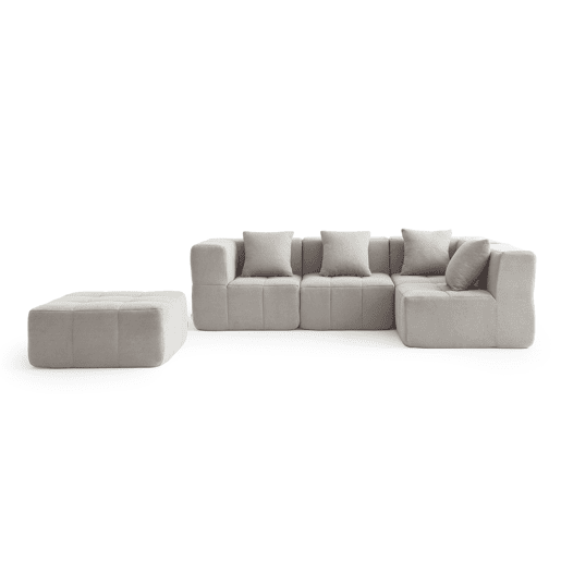 Sofá de canto modular de 4 lugares com chaise longue, tecido bouclé na cor bege pedra
