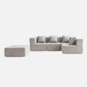 Sofá de canto modular de 4 lugares com chaise longue, tecido bouclé na cor bege pedra
