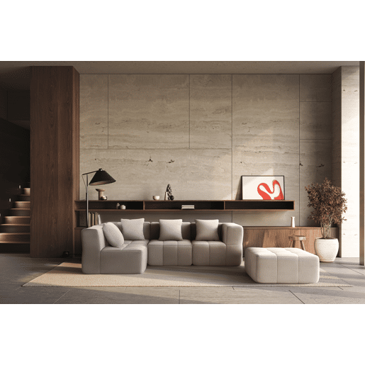 Sofá de canto modular de 4 lugares com chaise longue, tecido bouclé na cor bege pedra