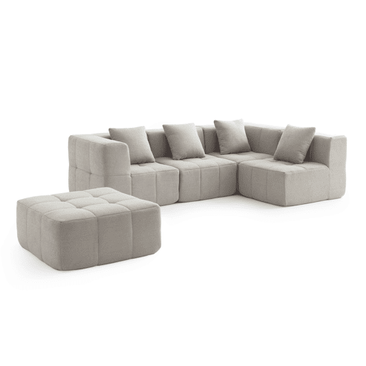 Sofá de canto modular de 4 lugares com chaise longue, tecido bouclé na cor bege pedra