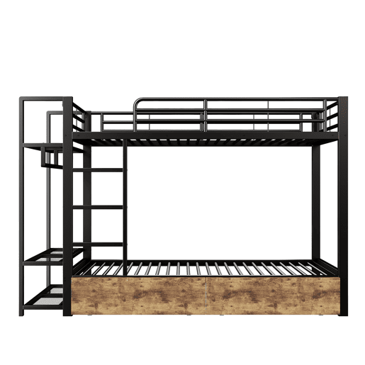 Beliche 90x200 cm - Estrutura em ferro, 2 gavetas, prateleiras, LED, barra para roupa - Preto