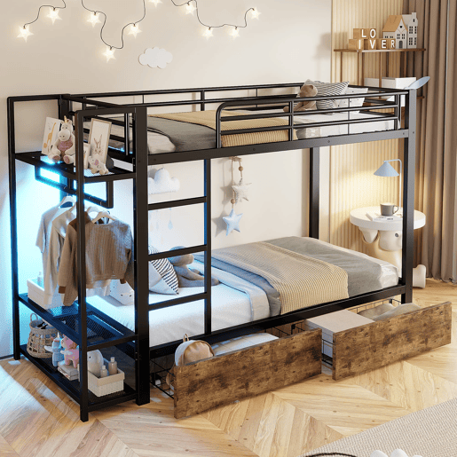 Beliche 90x200 cm - Estrutura em ferro, 2 gavetas, prateleiras, LED, barra para roupa - Preto