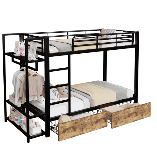 Beliche 90x200 cm - Estrutura em ferro, 2 gavetas, prateleiras, LED, barra para roupa - Preto
