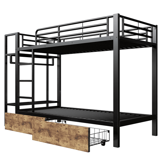 Beliche 90x200 cm - Estrutura em ferro, 2 gavetas, prateleiras, LED, barra para roupa - Preto