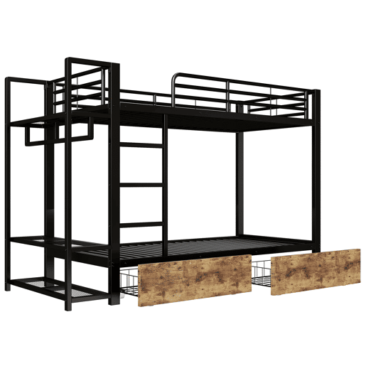 Beliche 90x200 cm - Estrutura em ferro, 2 gavetas, prateleiras, LED, barra para roupa - Preto