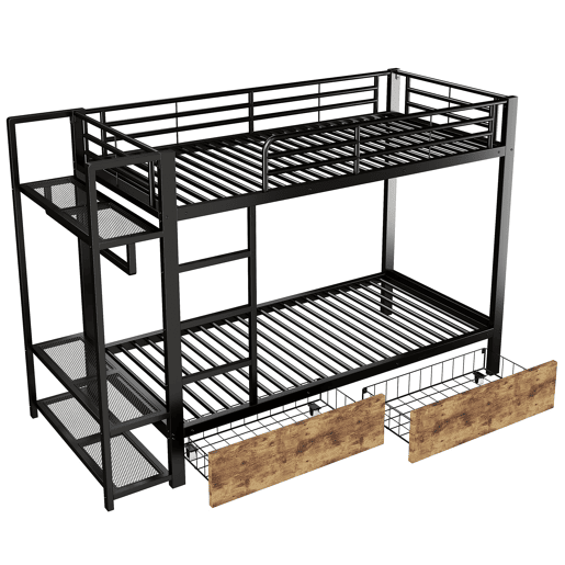Beliche 90x200 cm - Estrutura em ferro, 2 gavetas, prateleiras, LED, barra para roupa - Preto