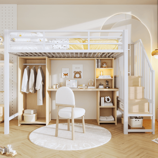 Cama alta 90x200 cm - Estrutura em ferro, armário, secretária e escada com arrumação - Branco