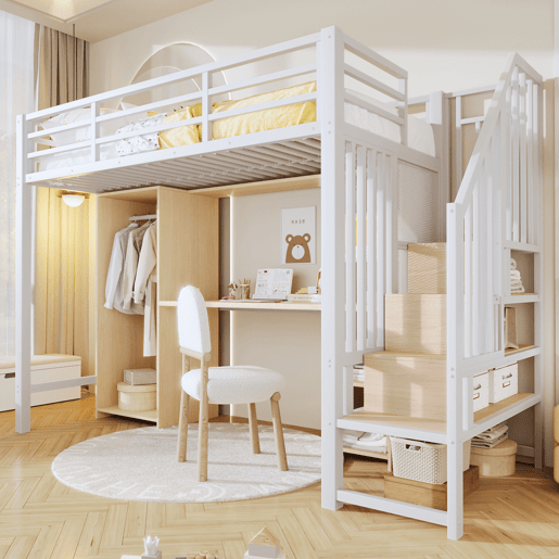 Cama alta 90x200 cm - Estrutura em ferro, armário, secretária e escada com arrumação - Branco