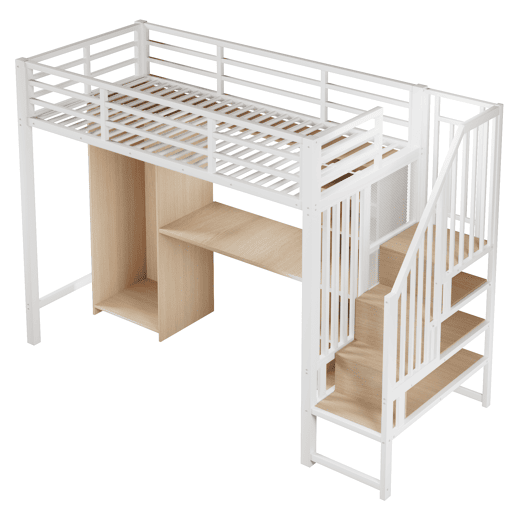 Cama alta 90x200 cm - Estrutura em ferro, armário, secretária e escada com arrumação - Branco