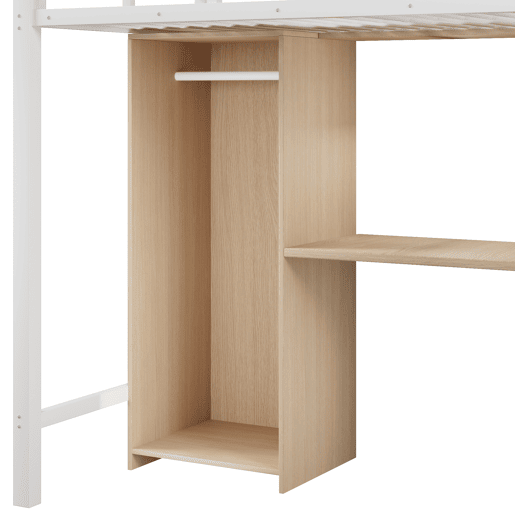 Cama alta 90x200 cm - Estrutura em ferro, armário, secretária e escada com arrumação - Branco