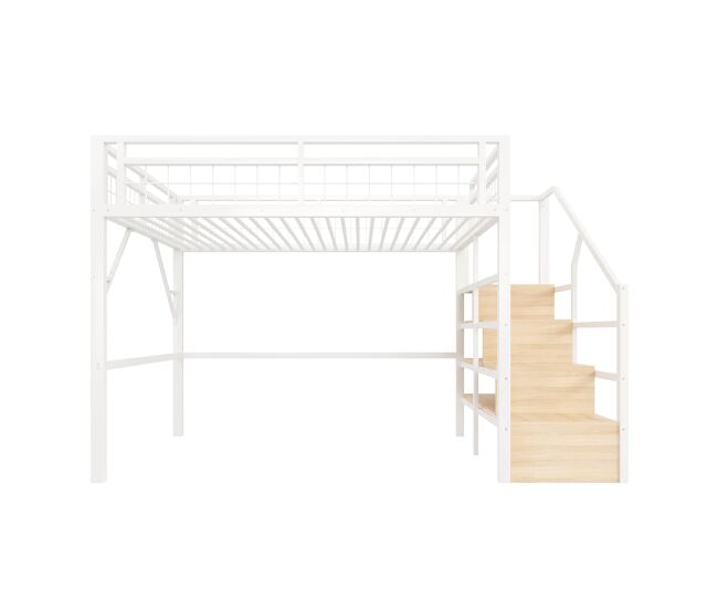 Cama alta 140x200 cm - marco de hierro, led, escalera con almacenamiento, espacio libre - blanco