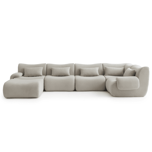 Sofá de canto modular de 5 lugares com chaise longue, tecido bouclé na cor bege pedra