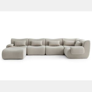 Sofá de canto modular de 5 lugares com chaise longue, tecido bouclé na cor bege pedra