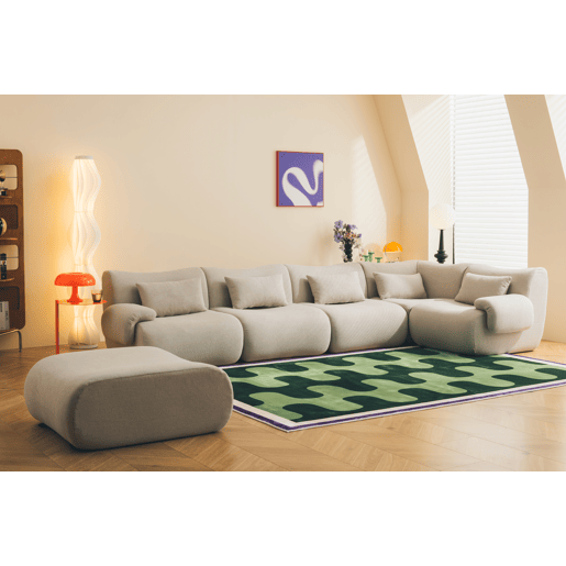 Sofá de canto modular de 5 lugares com chaise longue, tecido bouclé na cor bege pedra