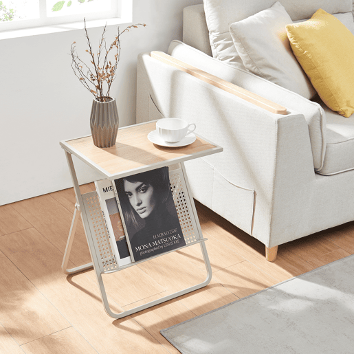 Mesa de apoio com suporte para jornais Jäller 48x40x30 cm Bege Aspeto carvalho en.casa