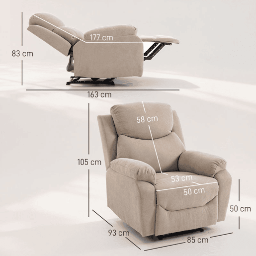HOMCOM Poltrona Reclinável Manual com Tecido de Aspeto em Linho Poltrona Reclinável Moderna com Almofada Espessa Apoio para os Braços Acolchoados e Apoio para os Pés 85x93x105 cm Bege