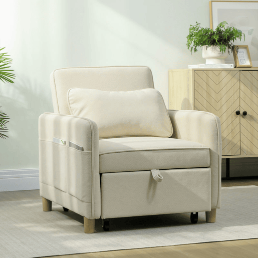 HOMCOM Poltrona Cama de 1 Lugar 3 em 1 Poltrona Cama Dobrável Estofado em Veludo Ecológico com Encosto Ajustável 3 Níveis 6 Bolsos Laterais e Almofada para Quarto Sala 74x85,5x82 cm Bege