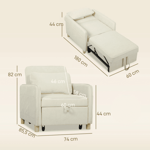 HOMCOM Poltrona Cama de 1 Lugar 3 em 1 Poltrona Cama Dobrável Estofado em Veludo Ecológico com Encosto Ajustável 3 Níveis 6 Bolsos Laterais e Almofada para Quarto Sala 74x85,5x82 cm Bege