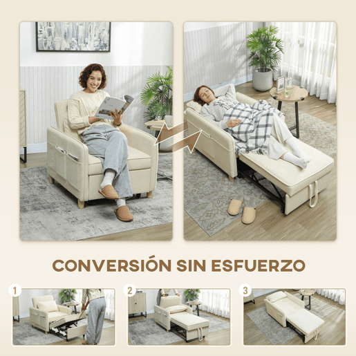 HOMCOM Poltrona Cama de 1 Lugar 3 em 1 Poltrona Cama Dobrável Estofado em Veludo Ecológico com Encosto Ajustável 3 Níveis 6 Bolsos Laterais e Almofada para Quarto Sala 74x85,5x82 cm Bege