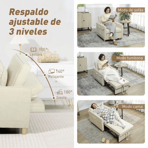 HOMCOM Poltrona Cama de 1 Lugar 3 em 1 Poltrona Cama Dobrável Estofado em Veludo Ecológico com Encosto Ajustável 3 Níveis 6 Bolsos Laterais e Almofada para Quarto Sala 74x85,5x82 cm Bege