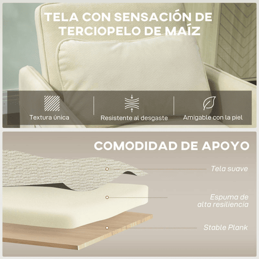 HOMCOM Poltrona Cama de 1 Lugar 3 em 1 Poltrona Cama Dobrável Estofado em Veludo Ecológico com Encosto Ajustável 3 Níveis 6 Bolsos Laterais e Almofada para Quarto Sala 74x85,5x82 cm Bege