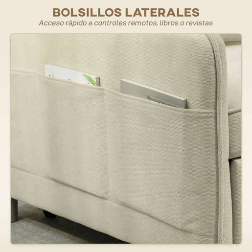 HOMCOM Poltrona Cama de 1 Lugar 3 em 1 Poltrona Cama Dobrável Estofado em Veludo Ecológico com Encosto Ajustável 3 Níveis 6 Bolsos Laterais e Almofada para Quarto Sala 74x85,5x82 cm Bege