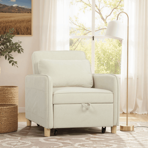 HOMCOM Poltrona Cama de 1 Lugar 3 em 1 Poltrona Cama Dobrável Estofado em Veludo Ecológico com Encosto Ajustável 3 Níveis 6 Bolsos Laterais e Almofada para Quarto Sala 74x85,5x82 cm Bege