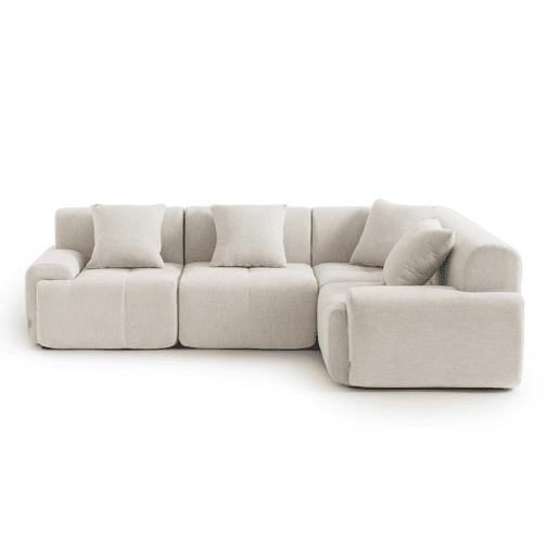 Sofá de canto modular de 4 lugares, tecido chenille na cor branco marfim