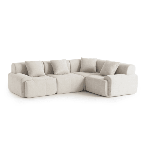 Sofá de canto modular de 4 lugares, tecido chenille na cor branco marfim
