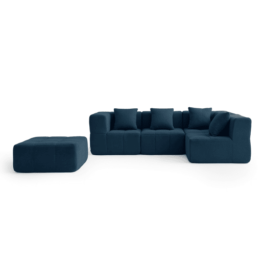 Sofá de canto modular de 4 lugares com chaise longue, tecido bouclé na cor azul profundo