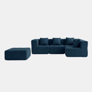 Sofá de canto modular de 4 lugares com chaise longue, tecido bouclé na cor azul profundo