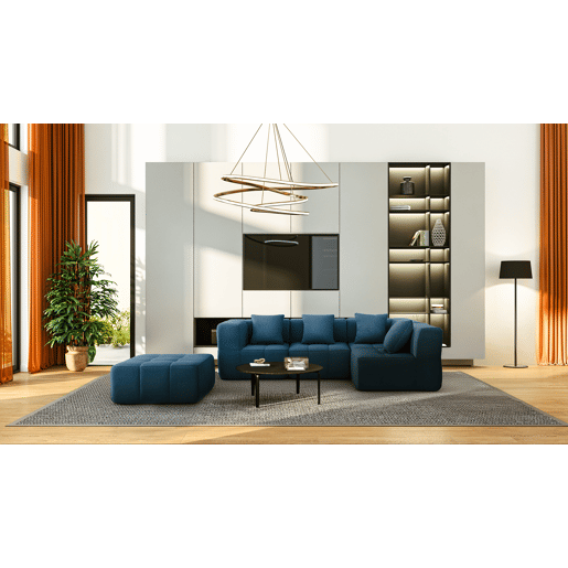 Sofá de canto modular de 4 lugares com chaise longue, tecido bouclé na cor azul profundo