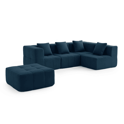 Sofá de canto modular de 4 lugares com chaise longue, tecido bouclé na cor azul profundo