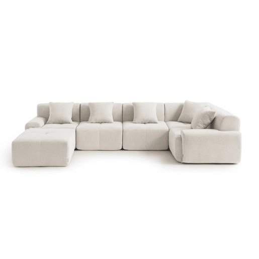 Sofá de canto modular de 5 lugares com chaise longue, tecido chenille na cor branco marfim