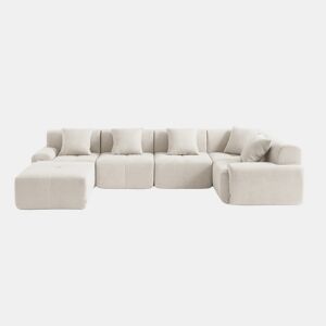 Sofá de canto modular de 5 lugares com chaise longue, tecido chenille na cor branco marfim