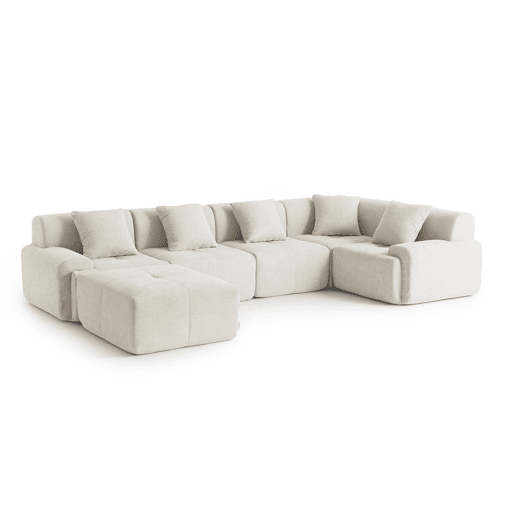 Sofá de canto modular de 5 lugares com chaise longue, tecido chenille na cor branco marfim