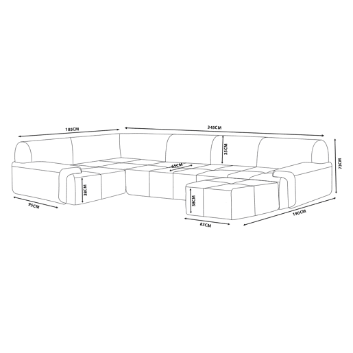 Sofá de canto modular de 5 lugares com chaise longue, tecido chenille na cor branco marfim